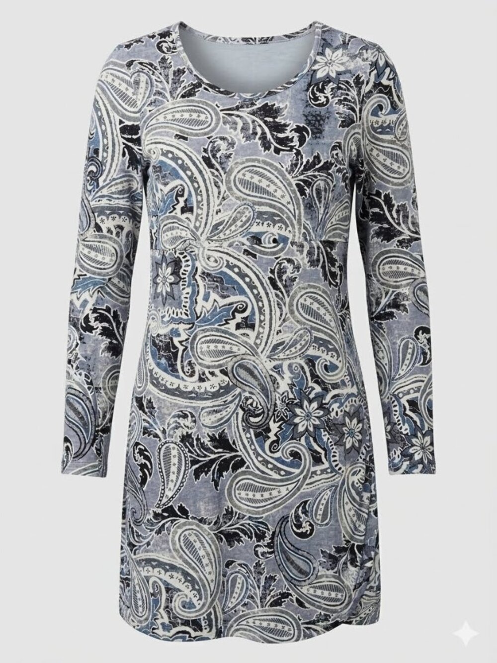 Adventura Organic Cotton Gray White Floral Paisley Empire Boho Cottagecore Dress